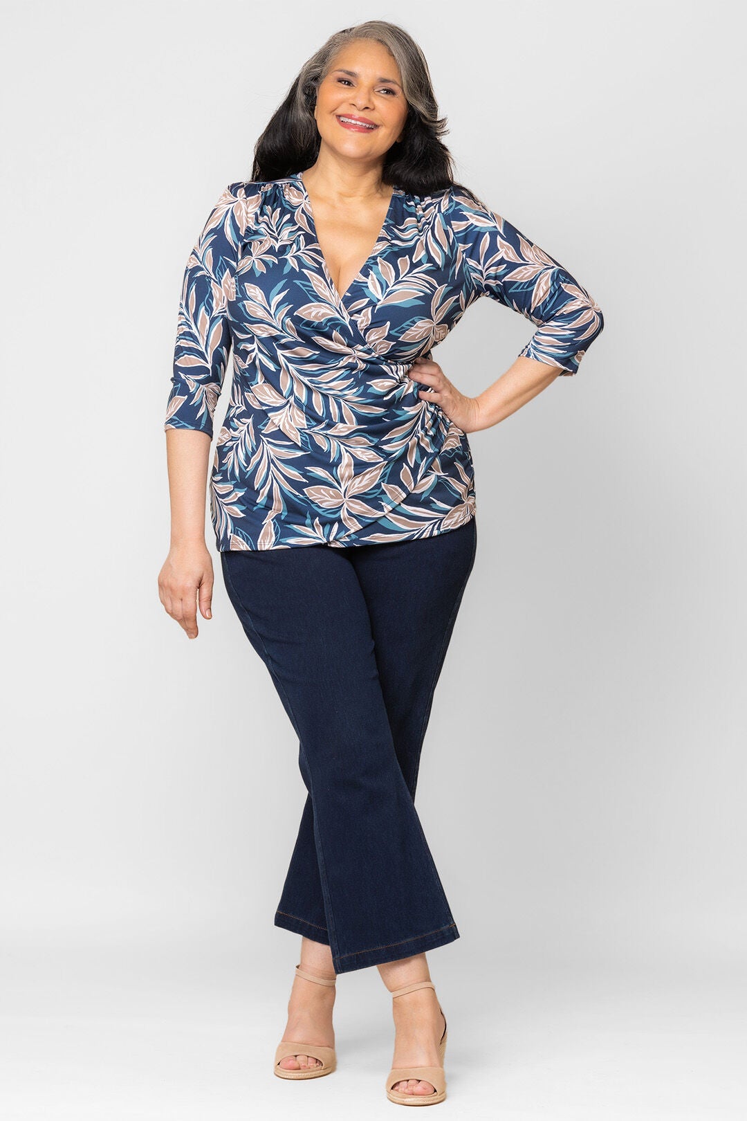 Femme Fatale Faux Wrap Top, Teal Botanical Print / Teal, hi-res image number 0