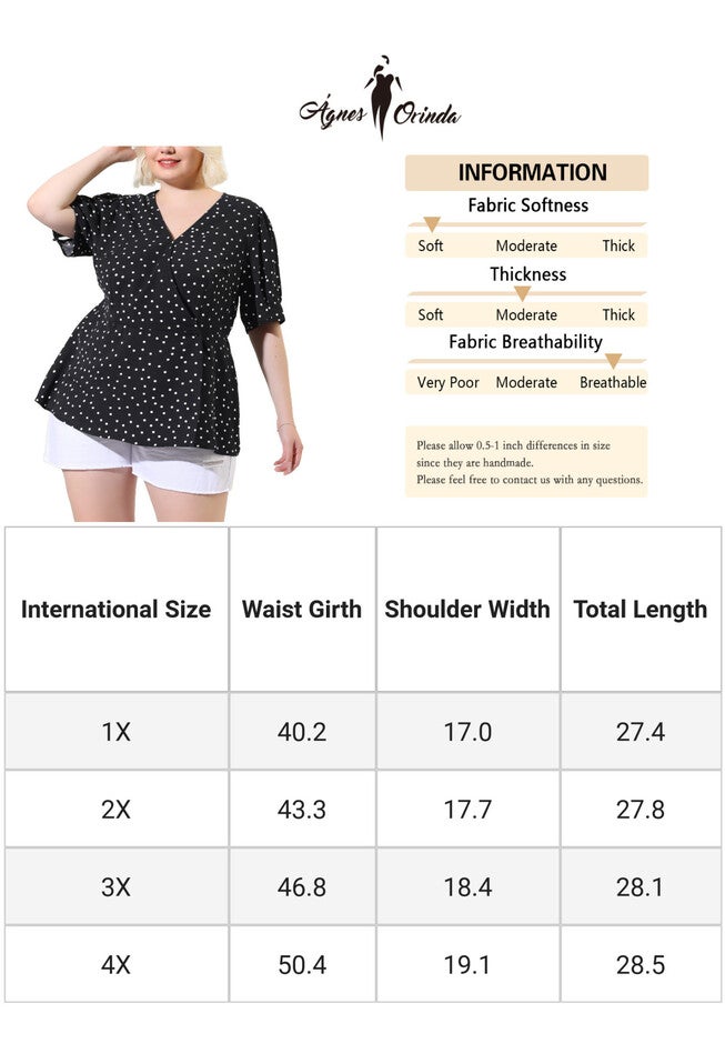 Summer V Neck Wrap Short Sleeve Polka Dots Peplum Top, Black / Black, alternate image number 4