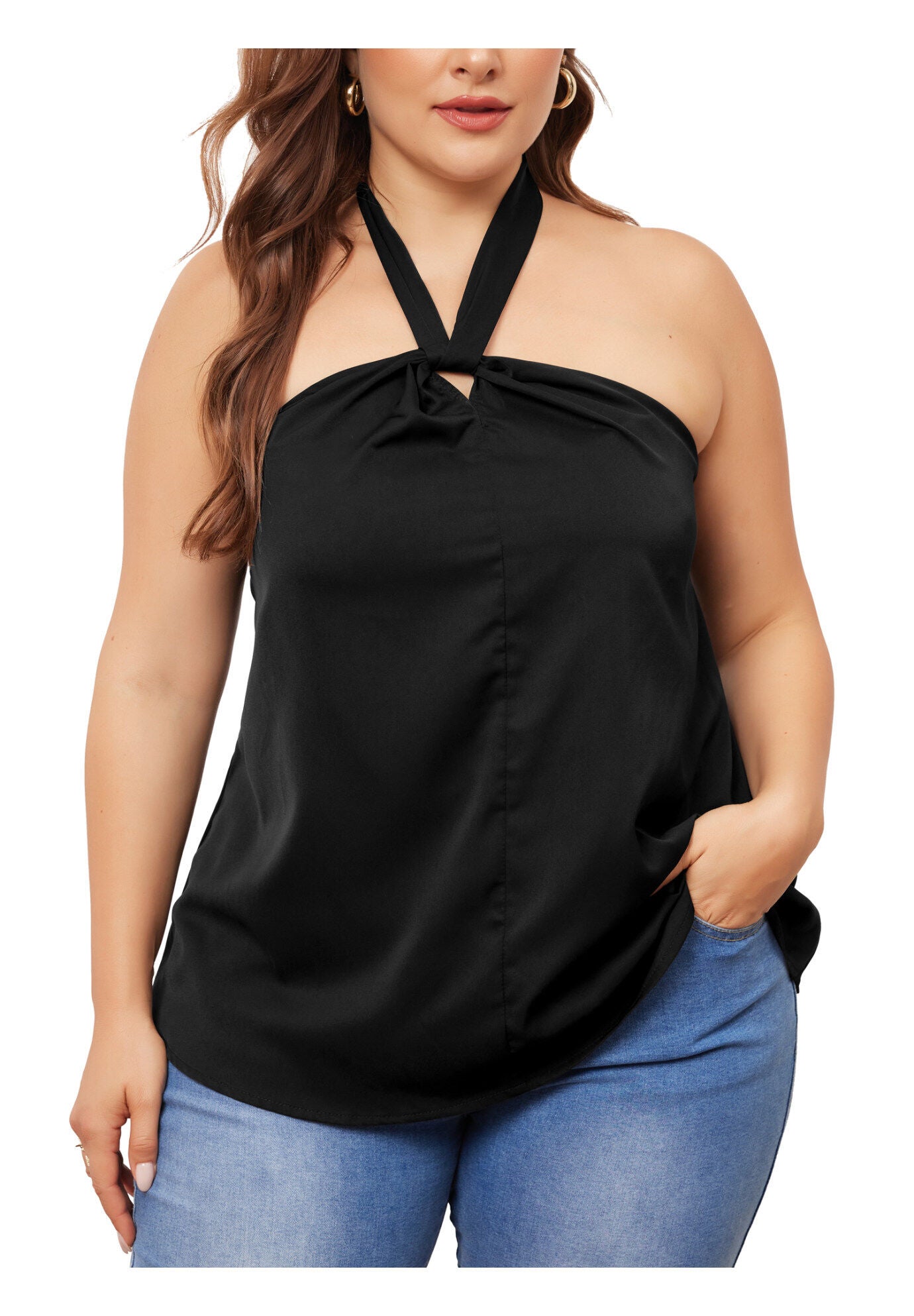 Self Tie Halter Neck Suspender Vest Sleeveless Camisole, Black / Black, alternate image number 1