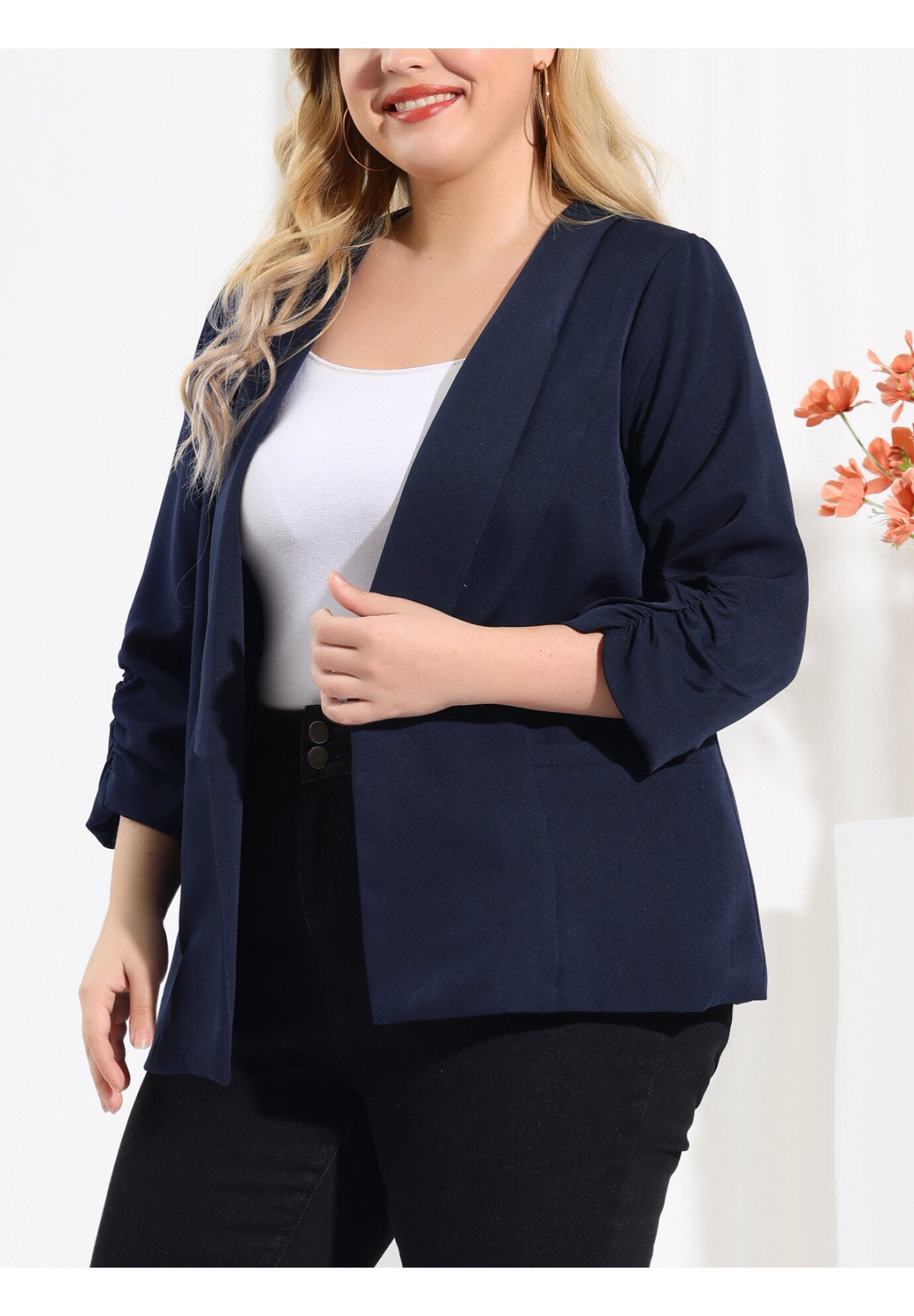 OPEN FRONT 3/4 RUCHED SLEEVE LIGHTWEIGHT BLAZER, Dark Blue / Navy, alternate image number 1