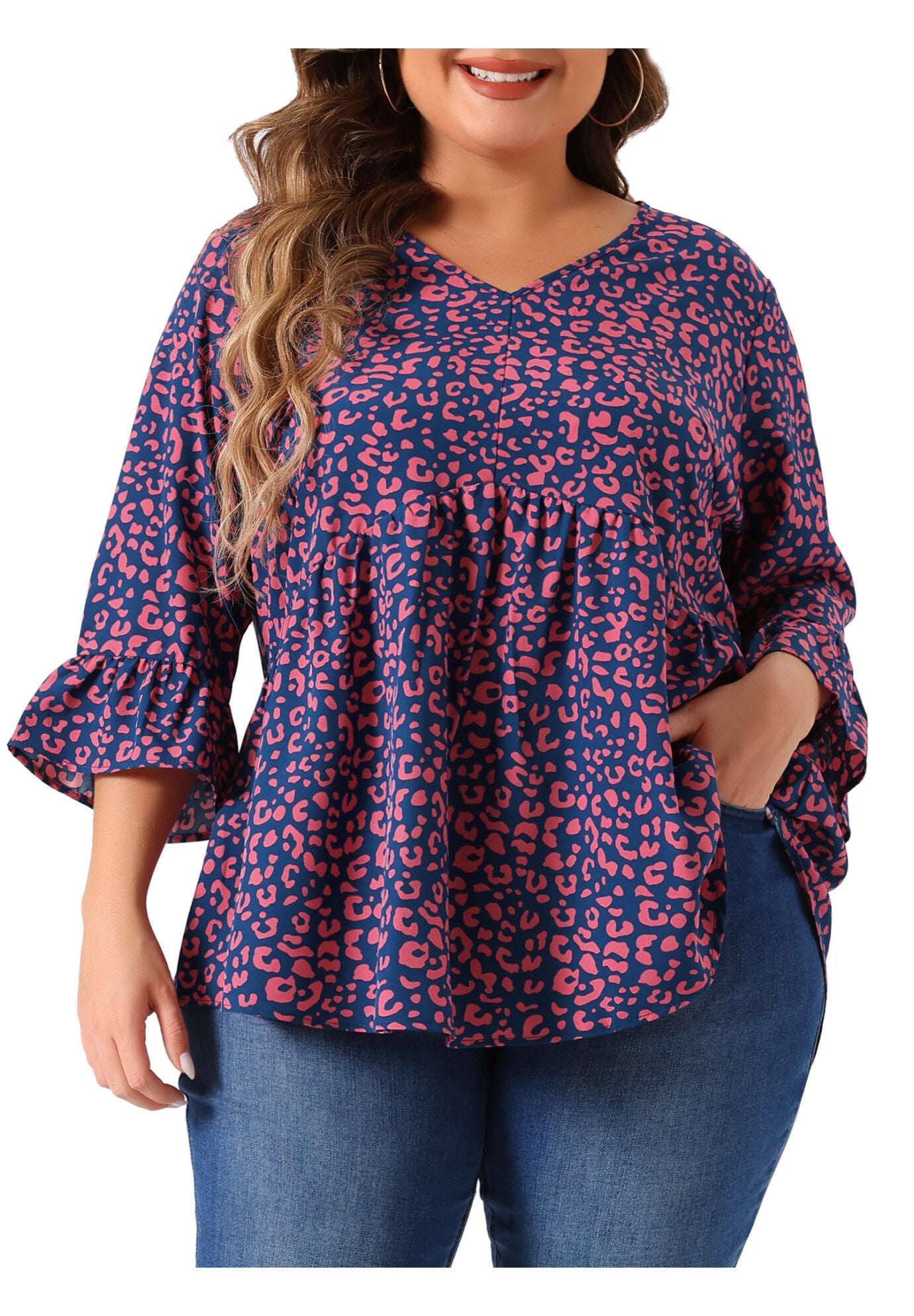 Polka Dots Blouse 3/4 Ruffle Sleeve Peplum Top, Dark Blue / Navy, alternate image number 3