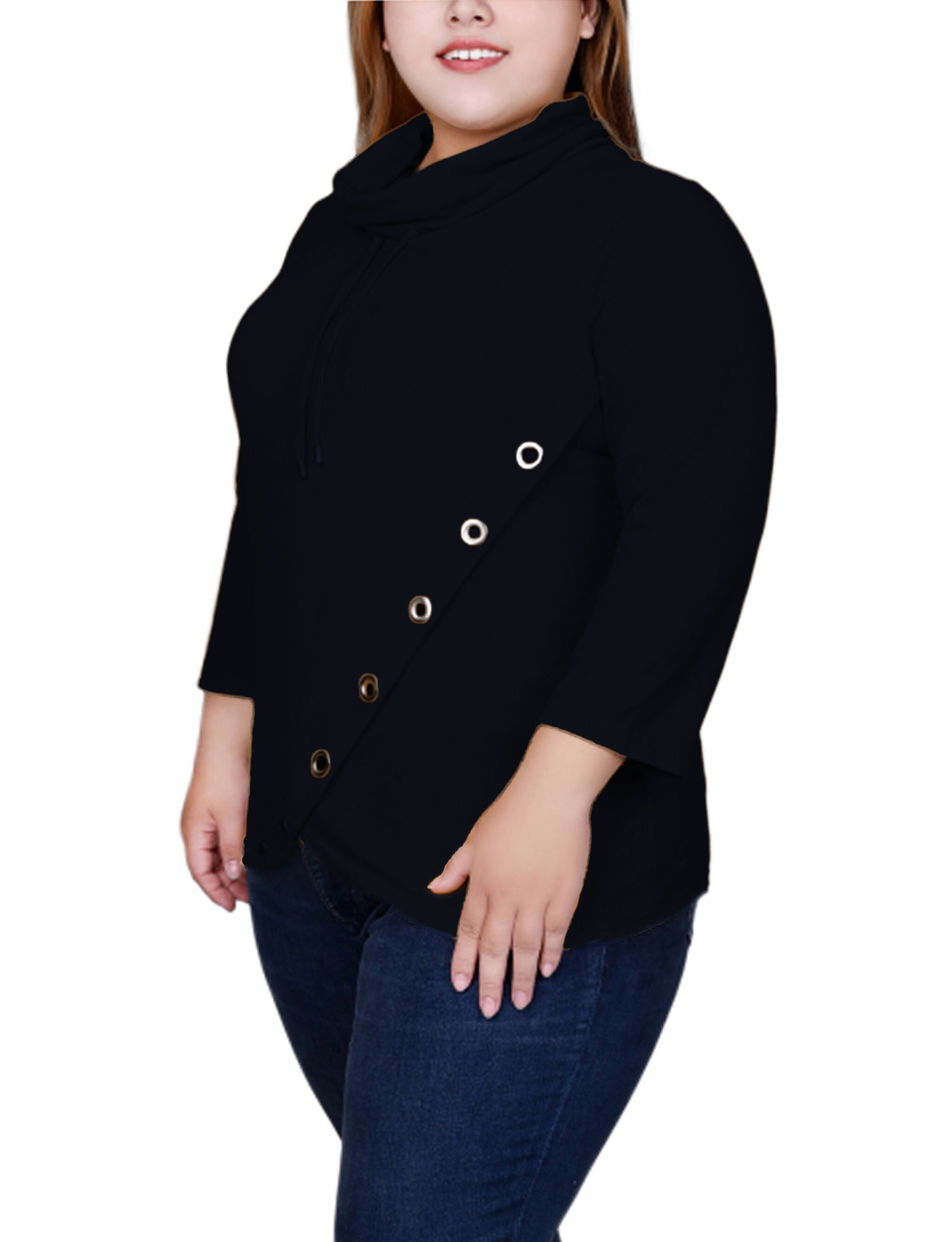 Plus Size 3/4 Slv Top With Grommet Hem, Black, alternate image number 1