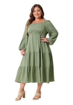 Square Neck Long Sleeve Flowy A Line Tiered Midi Dress