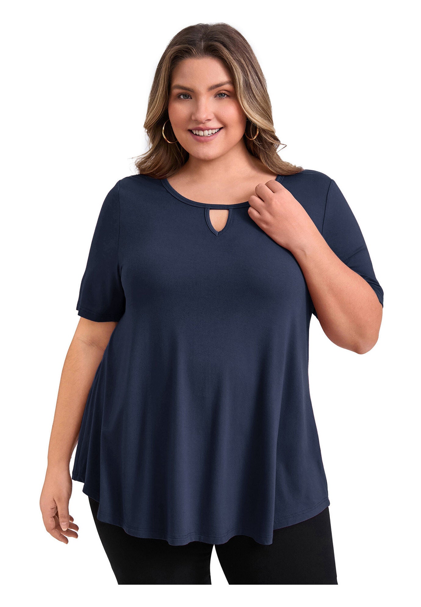 Knit Keyhole V Neck Short Sleeve Swing Tunic Blouse, Navy Blue / Navy, hi-res image number 0