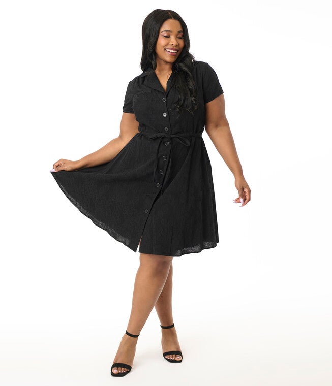 Smak Parlour Plus Size Black Textured Cotton Fit & Flare Dress, Black / Black, hi-res image number 0