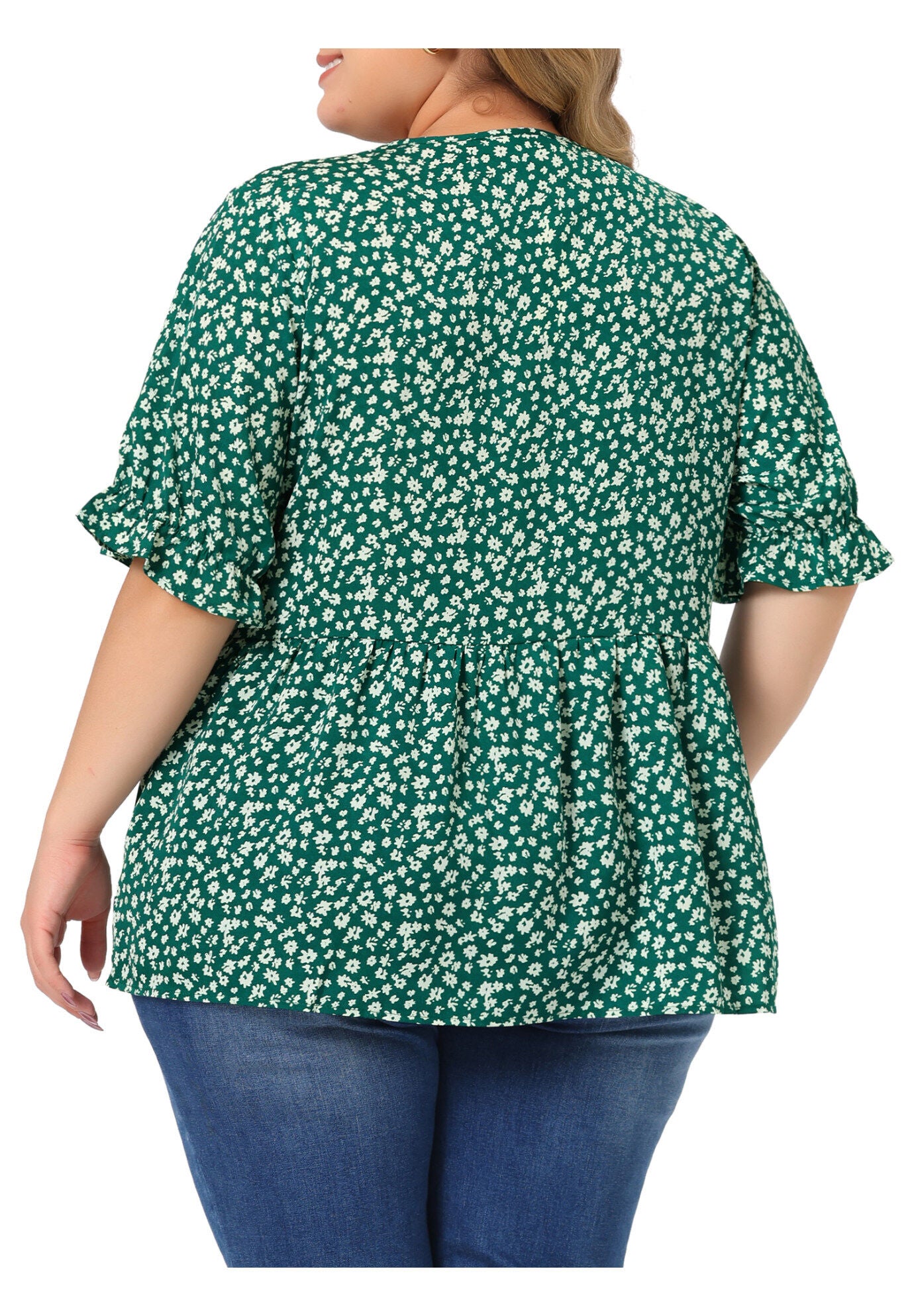 Floral Peplum Top V Neck Ruffle Short Sleeve Babydoll Blouse, Green / Kelly Green, alternate image number 3