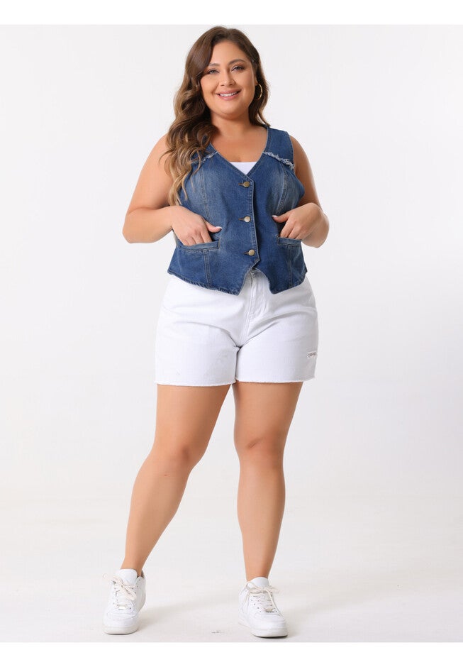 SLEEVELESS V NECK WASHED DISTRESSED WAISTCOAT DENIM VEST, Blue / Chambray Denim Medium, hi-res image number 0