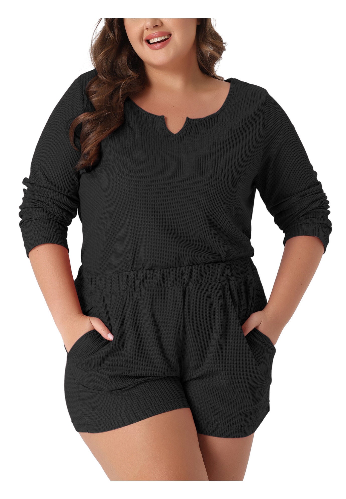 Waffle 2 Piece Long Sleeved Top and Shorts Pajama Sweatsuits Set, Black / Black, alternate image number 1
