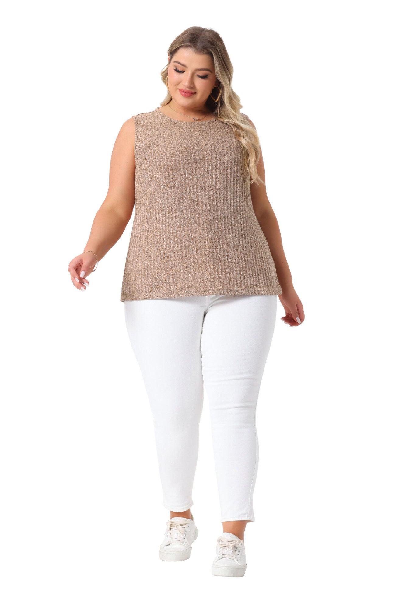 Round Neck Summer Sleeveless Basic Shirt Tank Top, Brown / Brown, hi-res image number 0