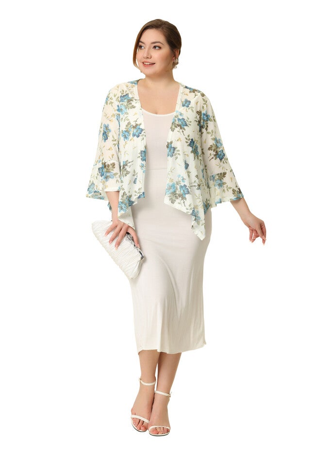 Chiffon Cover Up 3/4 Sleeve Floral Summer Cardigan, White / White, hi-res image number null