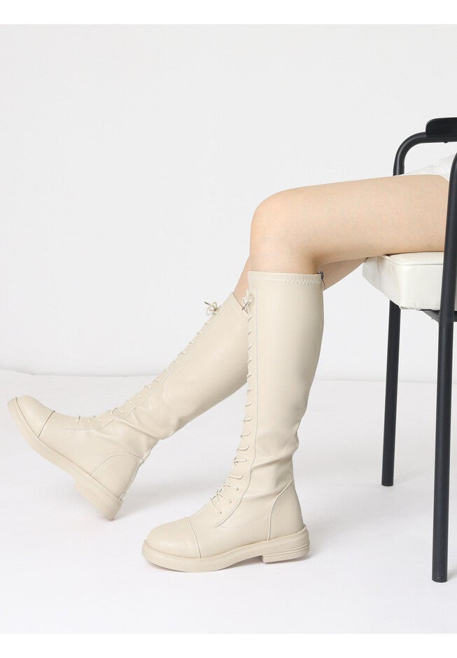Lace Up Lug Sole Flat Low Heel Knee High Combat Boots, Beige / Beige, alternate image number null