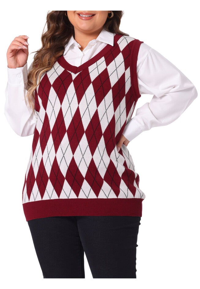 Plaid Cable Knit Sleeveless Pullover Top Sweater Vest, Burgundy / Red, alternate image number 1