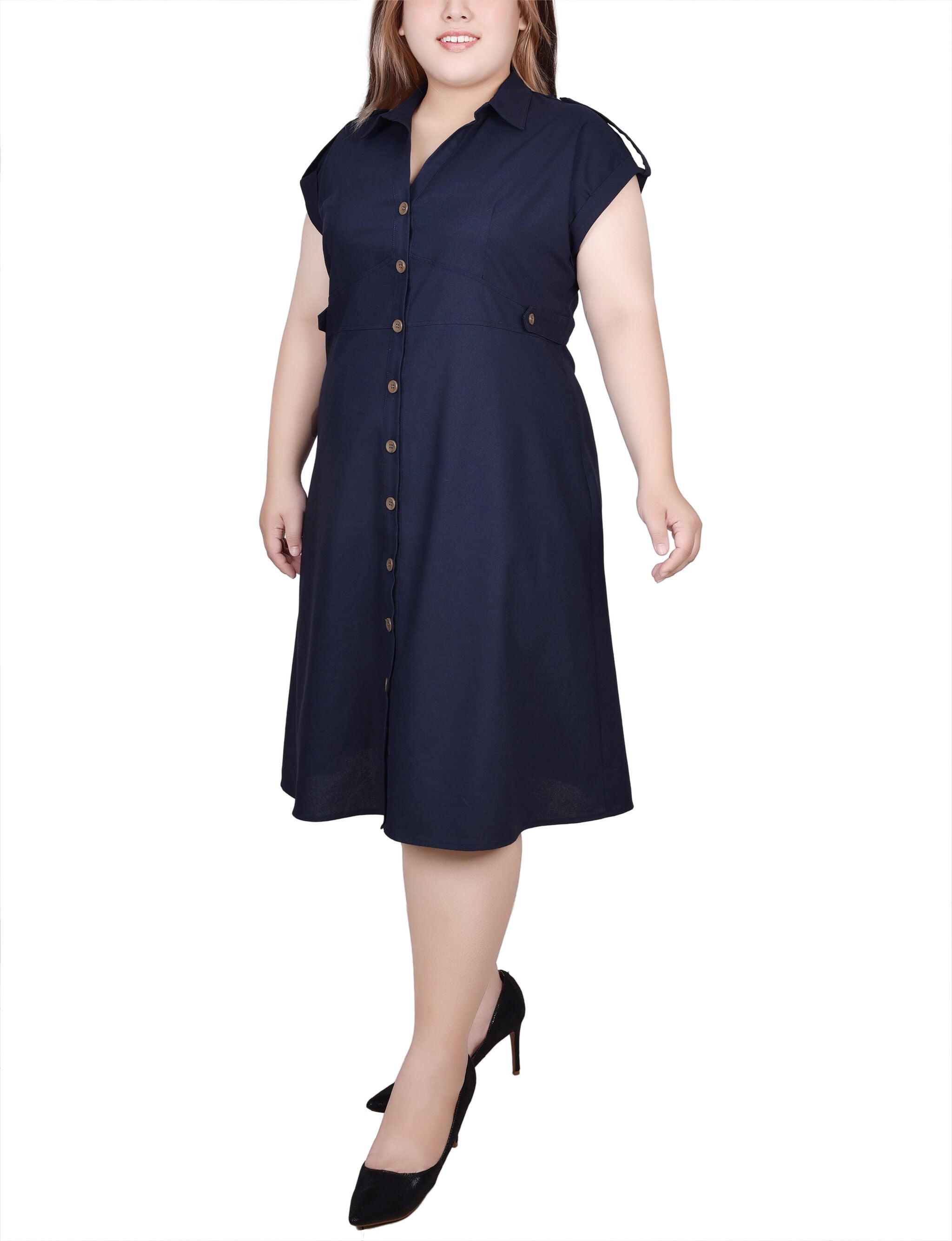 Short Sleeve Button Front Linen Dress, Navy, alternate image number 1