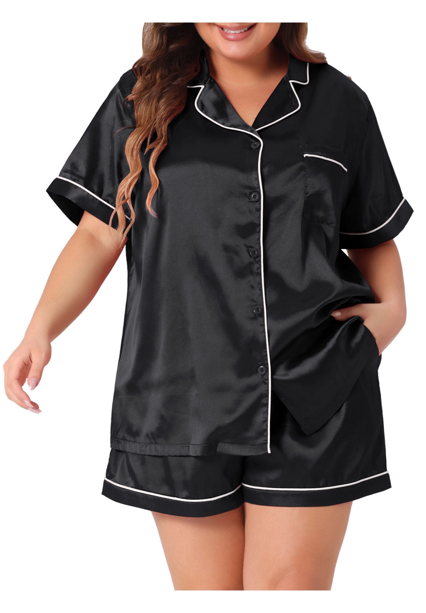 Satin Button Down Top Shorts Lounge Sets with Pocket, Black / Black, alternate image number 2