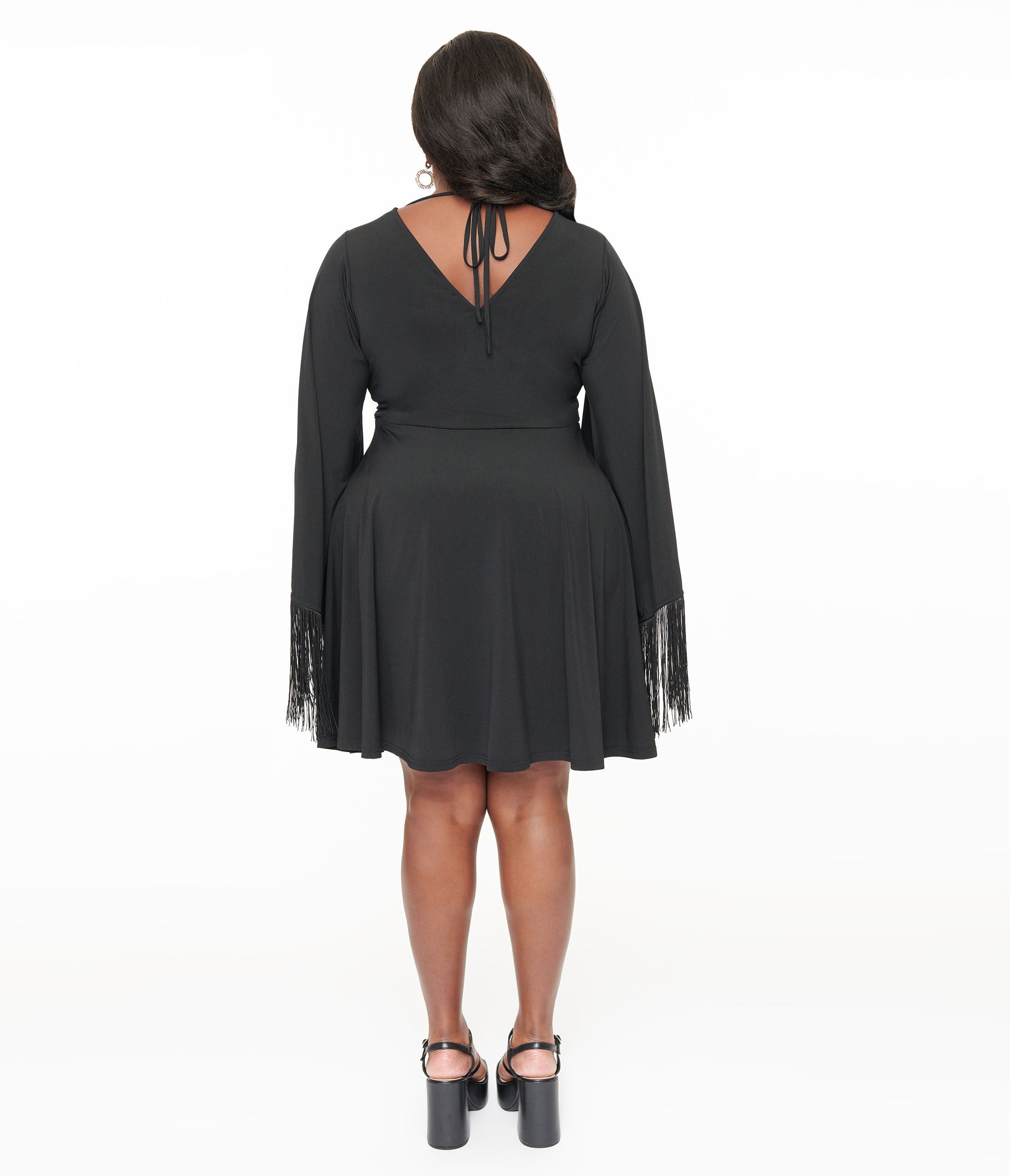 Smak Parlour Plus Size Black Fringe Bell Sleeve Fit & Flare Dress, Black / Black, alternate image number 1