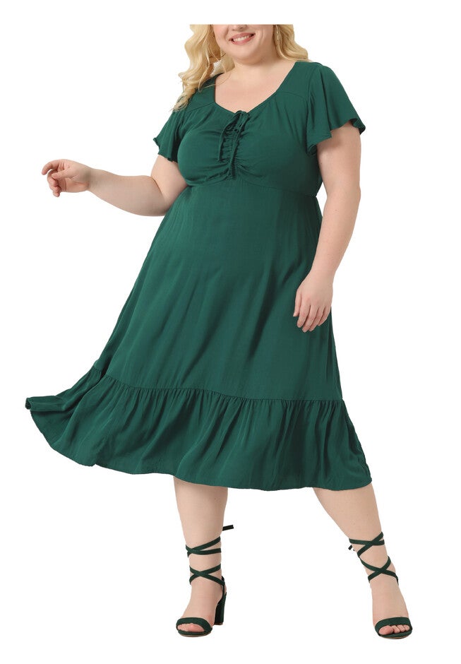 Short Sleeve Sweetheart Neck Ruffle Tiered Maxi Long Dress, Dark Green / Orange, alternate image number 2