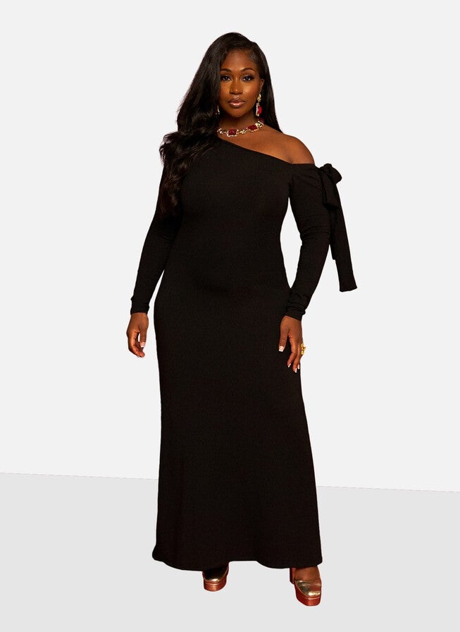 Meira Bow Detail Maxi Slip Dress, Black / Black, hi-res image number null