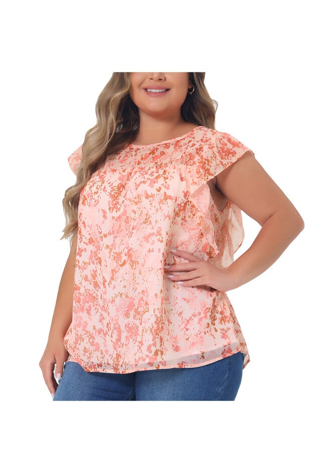 Ruffle Sleeve Keyhole Back Chiffon Blouse Top, Light Orange / Coral, alternate image number 1