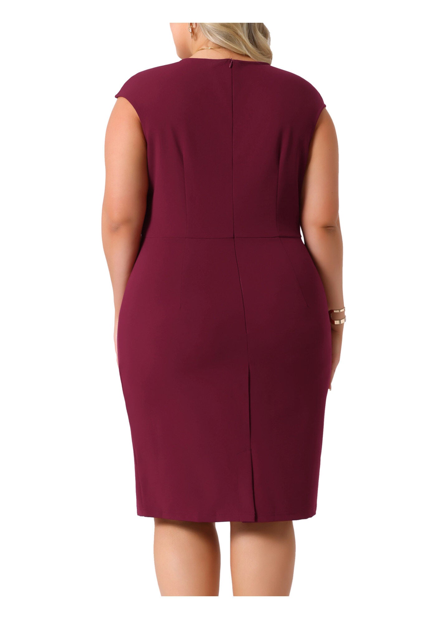 Notched Neck Sleeveless Work Pencil Sheath Dress, Burgundy / Burgundy, alternate image number 3