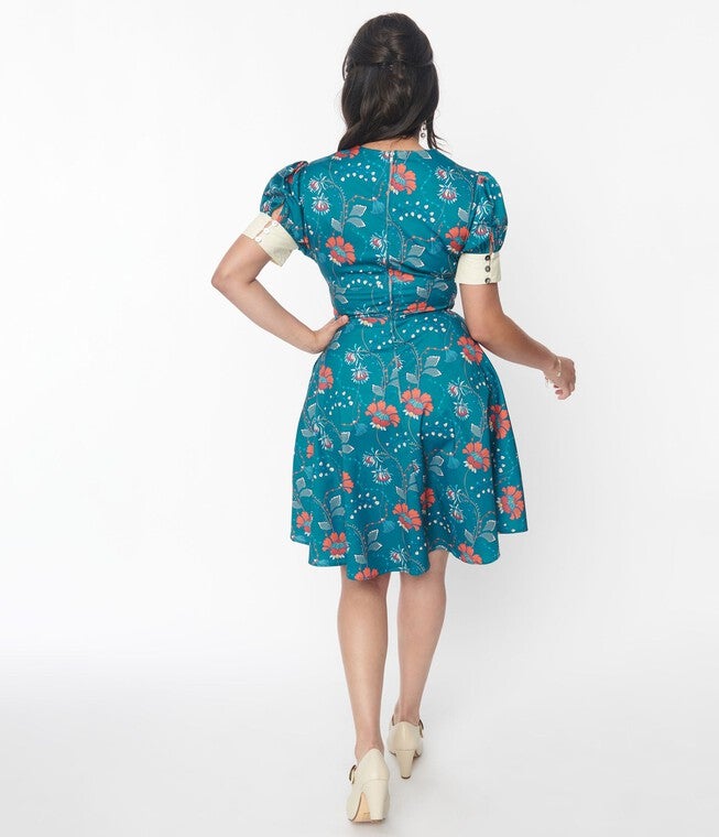 Unique Vintage Teal & Red Floral Chain Print Swing Dress, , alternate image number null