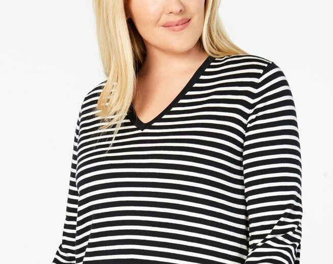 Tommy Hilfiger Women's Plus Size Cotton Striped V-Neck Sweater Blue Size 1X, Blue / Navy, alternate image number null