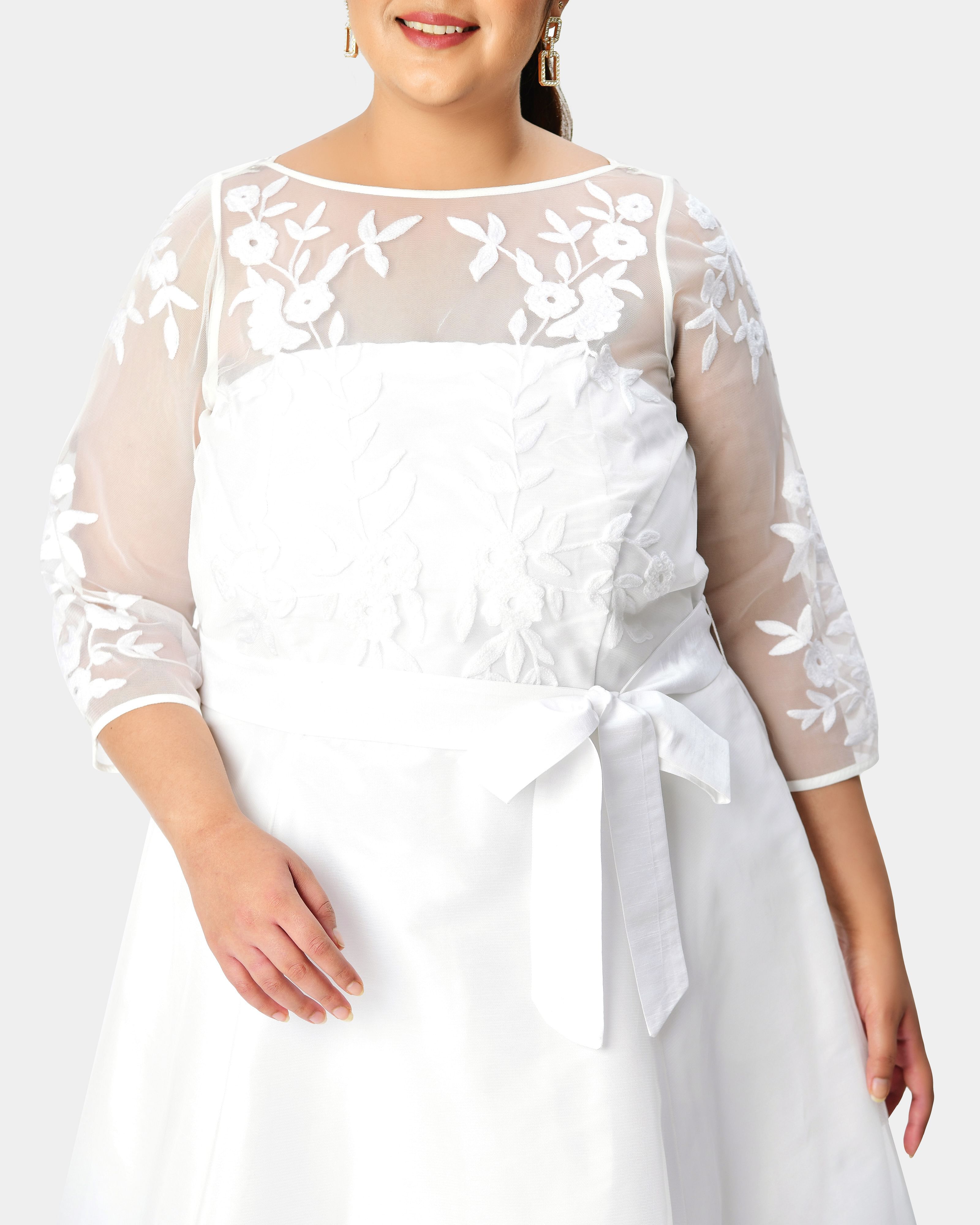 Floral embellished illusion boatneck tulle and dupioni dress, White / White, alternate image number 3