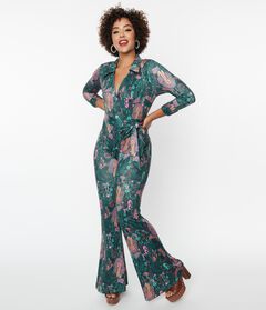Unique Vintage Green & Pink Mannequin Doodle Print Jumpsuit