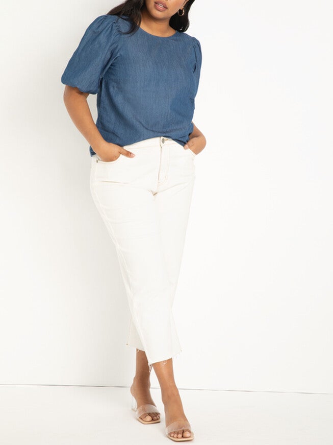 Zelda Denim Puff Sleeve Top, Medium Wash / Medium Wash, hi-res image number null
