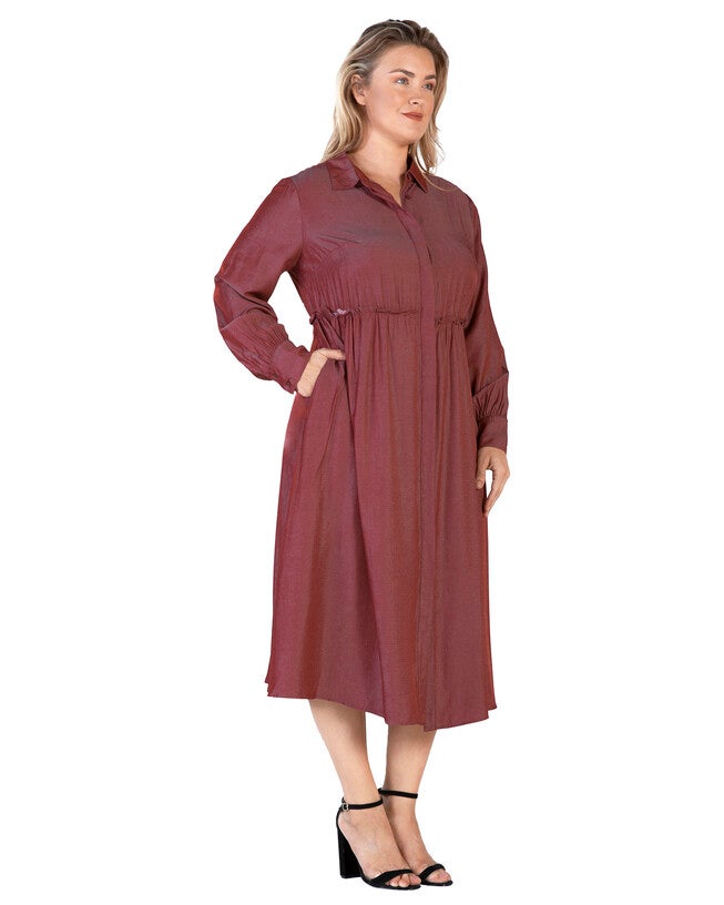 Chloe Women's Plus Size Button Front Shirt Dress With Cuffed Balloon Sleeves - Merlot, Merlot / Burgundy, alternate image number null