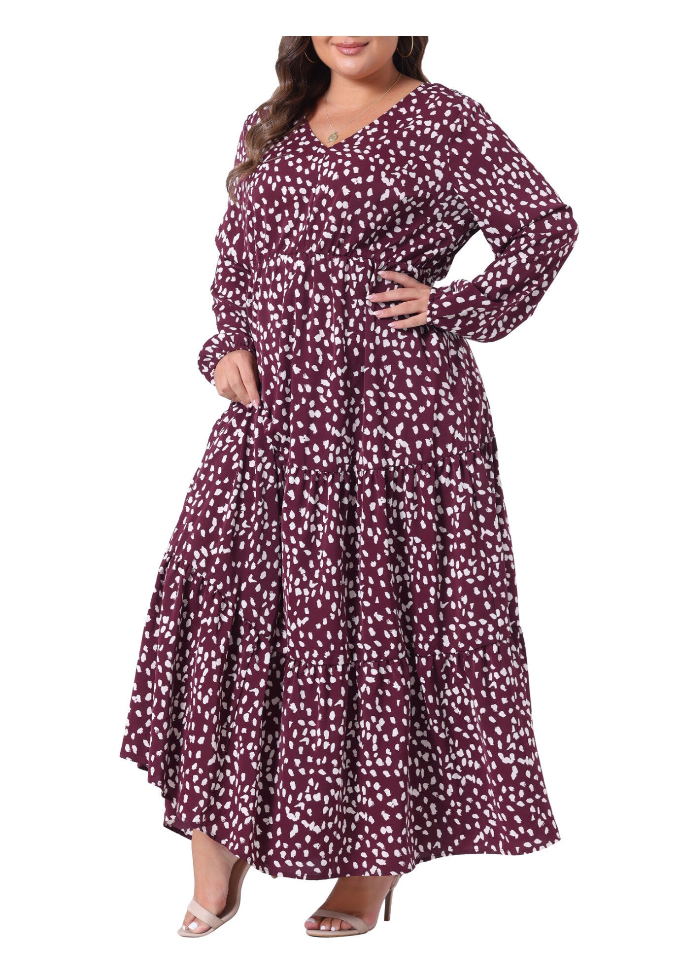 Printed Long Maxi Dress Lantern Sleeve Ruffle Hem Flowy Boho Dress, Dark Red / Burgundy, alternate image number 1