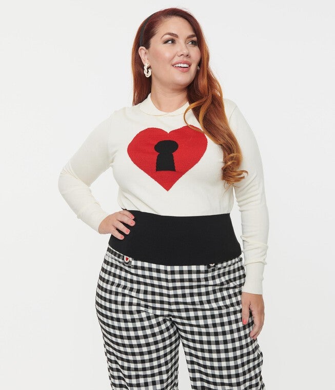 Unique Vintage Plus Size Cream & Red Locked Heart Sweater, Cream Red / Cream, alternate image number 3