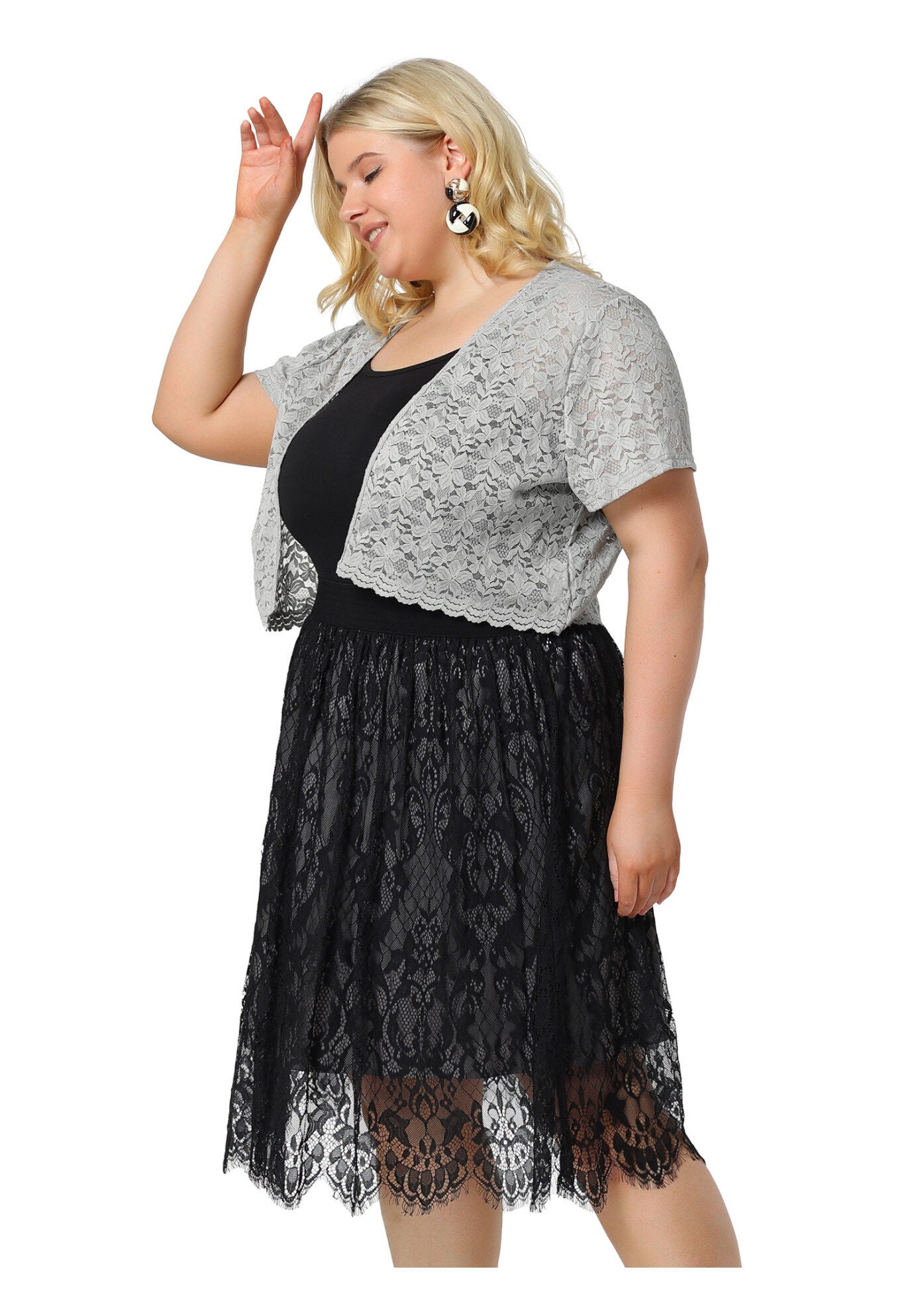 OPEN FRONT SHORT SLEEVE CROCHET LACE CROPPED BOLERO SHRUG CARDIGAN, Grey / Light Grey, alternate image number 3