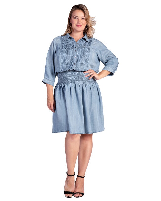 Women's Plus Size Tencel Smocked Waist Midi Shirt Dress, Blush Indigo / Light Blue, hi-res image number 0