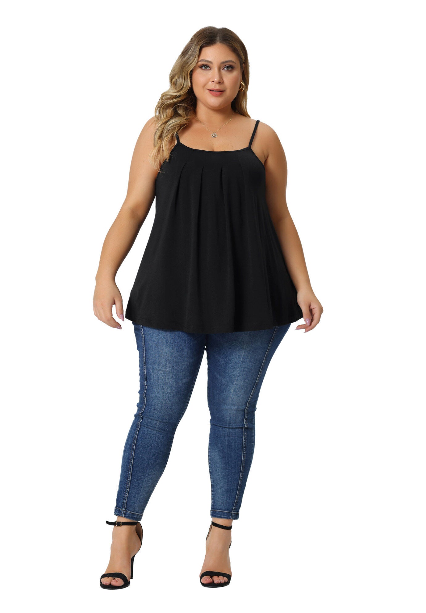 PLEATED SLEEVELESS LOOSE CAMISOLE TANK TOP, Black / Black, hi-res image number 0