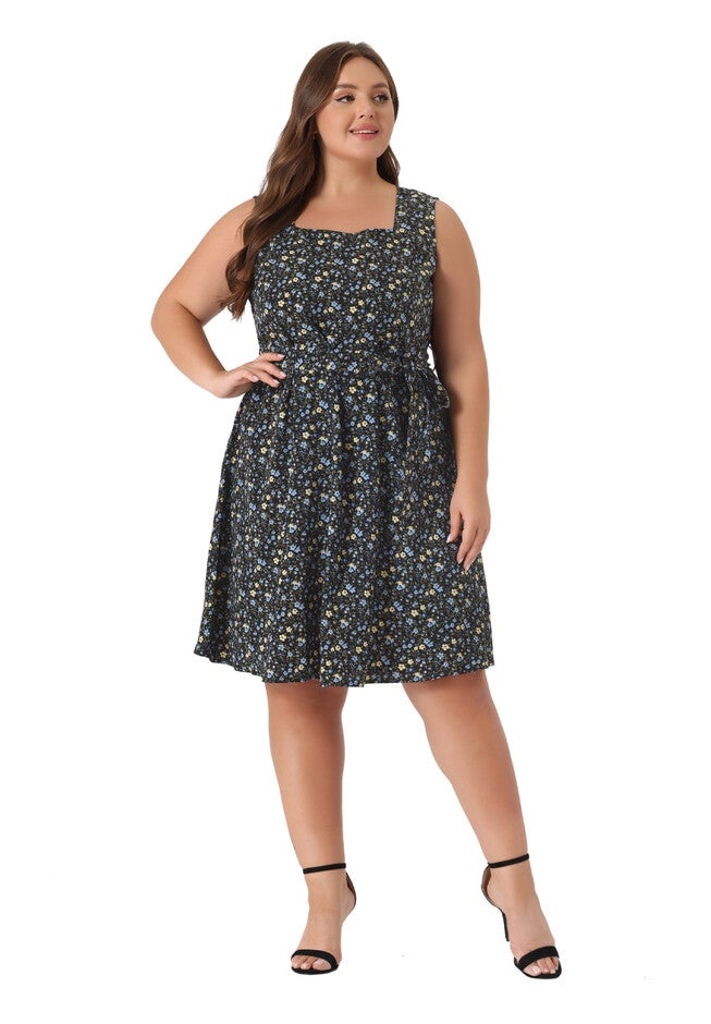 Sleeveless Square Neck Floral Printed Midi Dress, Black / Black, hi-res image number null