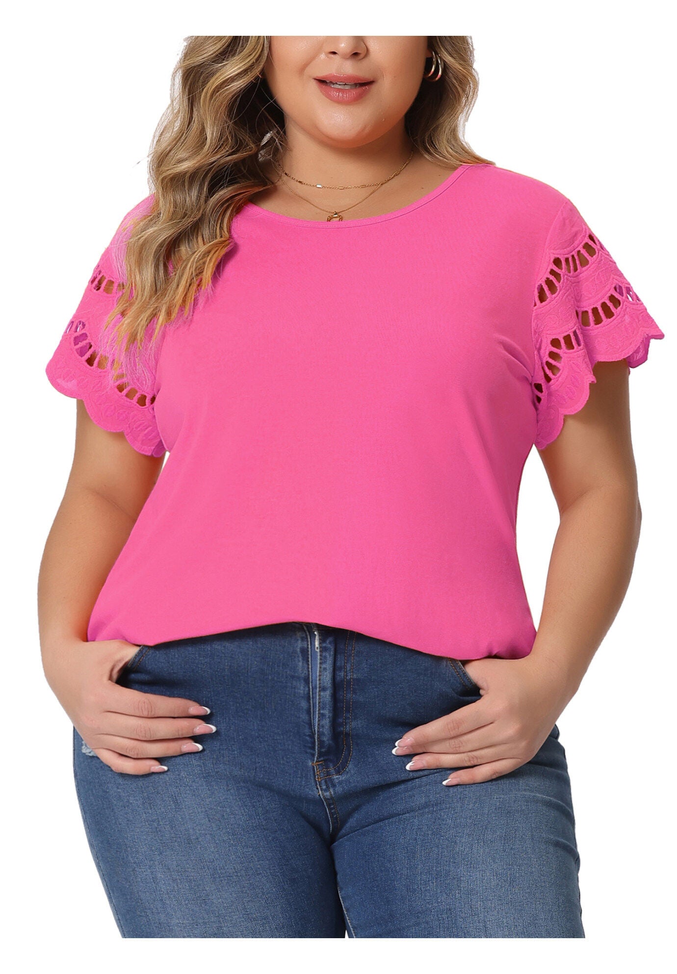 Lace Panel Hollow Short Sleeve Summer Blouse, Hot Pink / Magenta, alternate image number 2