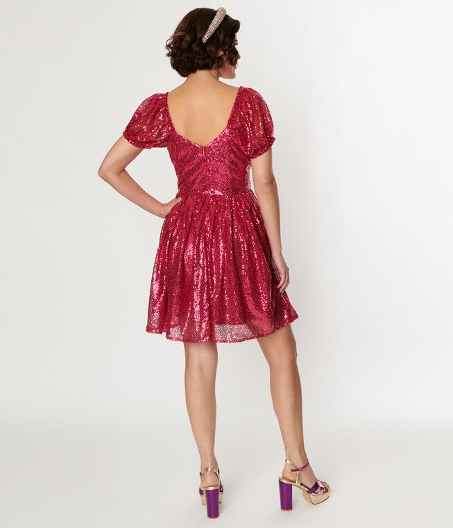 Unique Vintage Hot Pink Sequin Sweetheart Fit & Flare Dress, Pink / Pink, alternate image number 1