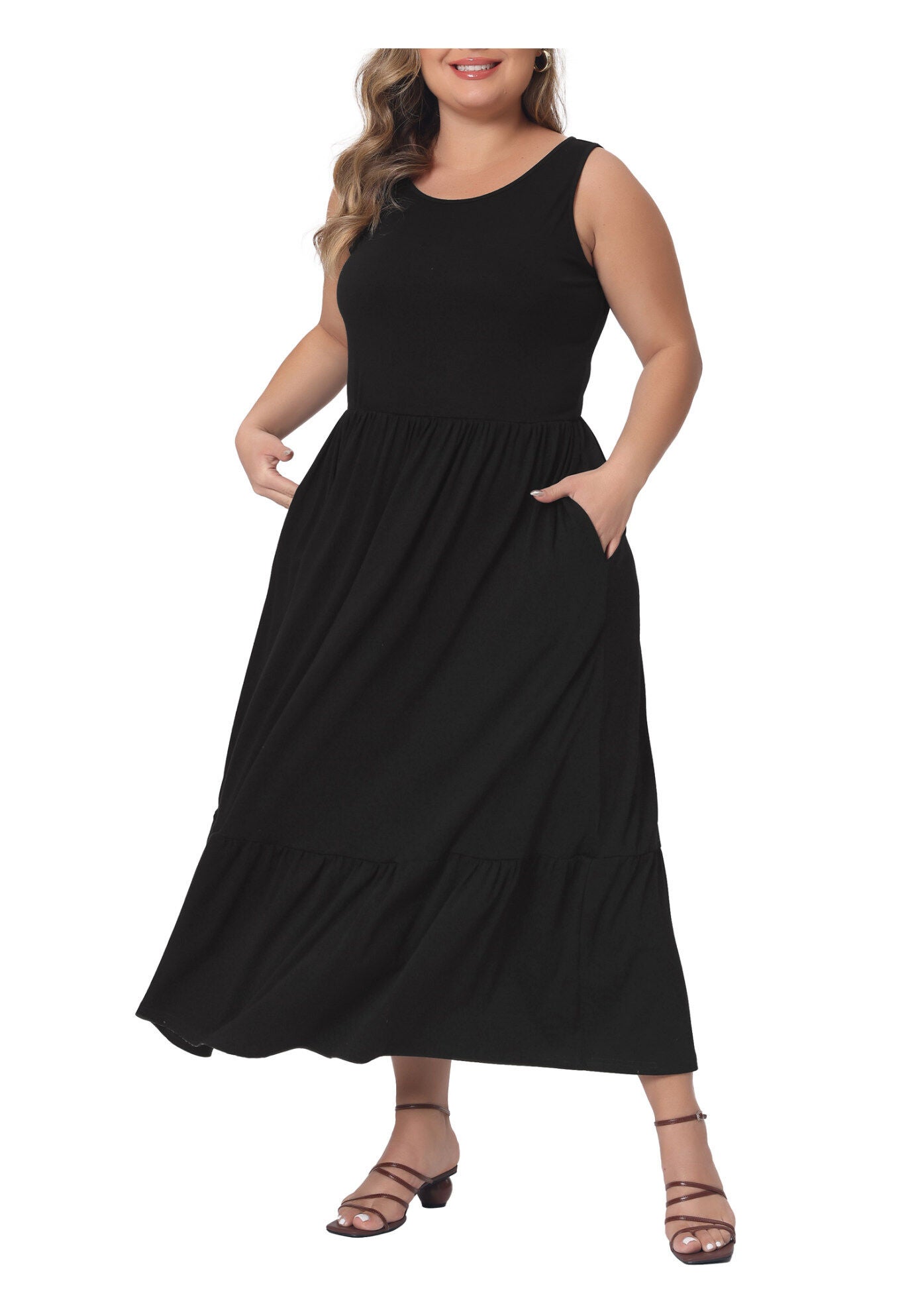 Sleeveless Swing Flowy Summer Maxi T-Shirt Dress with Pockets, Black / Black, alternate image number 2