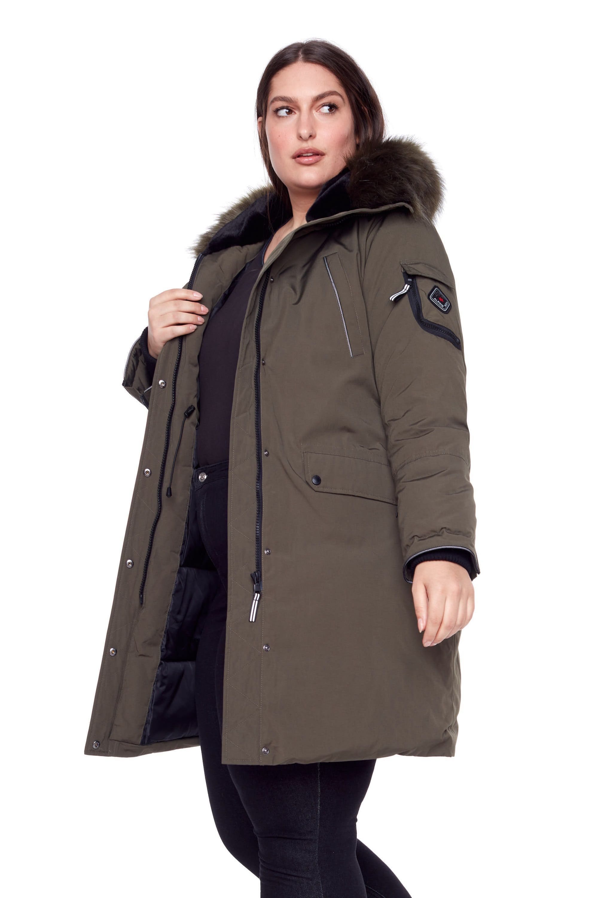 LAURENTIAN | Vegan Down Recycled Long Parka Winter With Faux Fur Hood, Olive / Olive Green, alternate image number 2