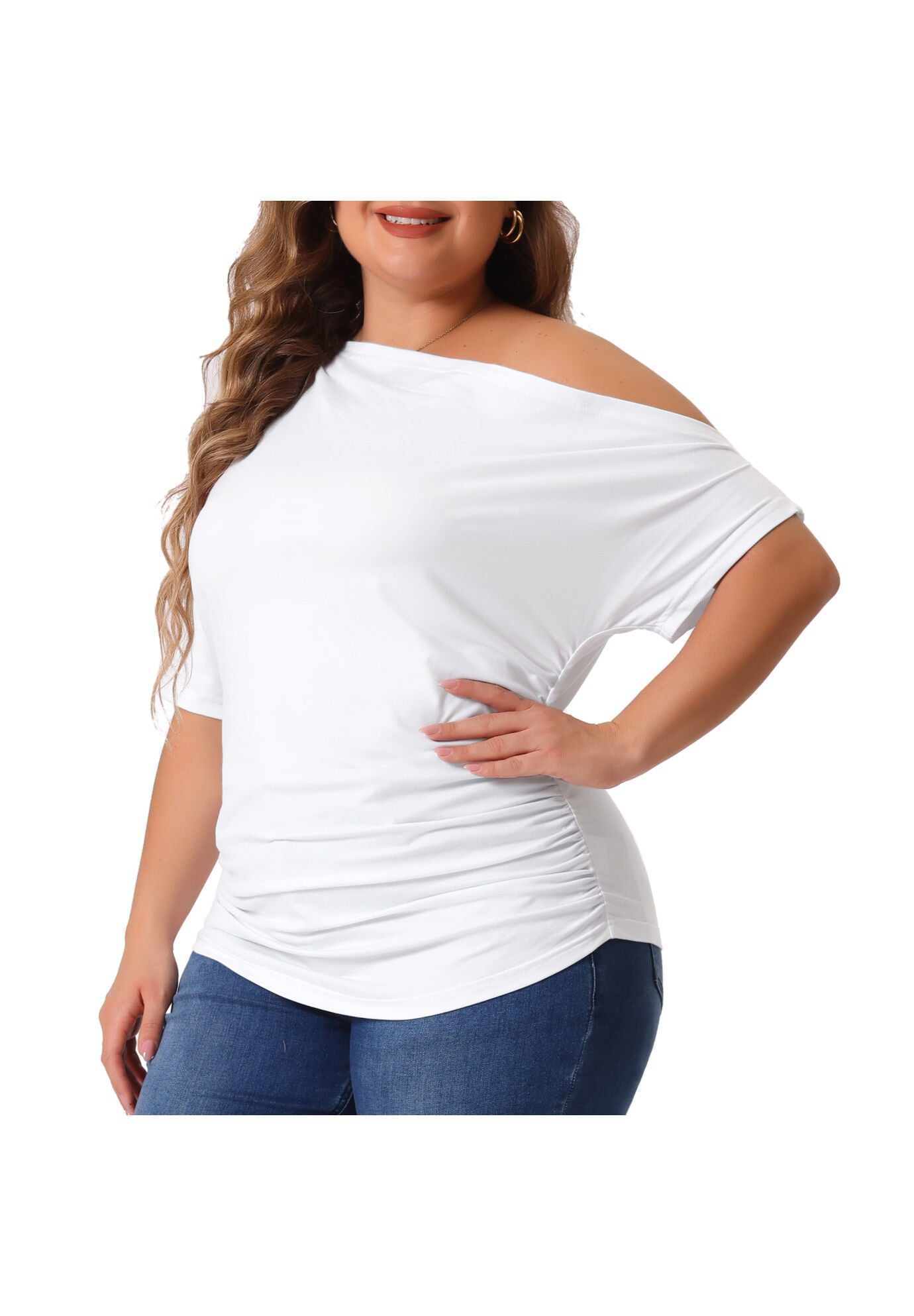 ONE SHOULDER SHORT SLEEVE RUCHED TOP, White / White, alternate image number 1