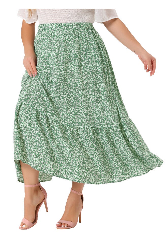 Summer Floral Flowy Stretchy Waist Layered A Line With Pocket Maxi Skirt, Green / Light Green, alternate image number 2