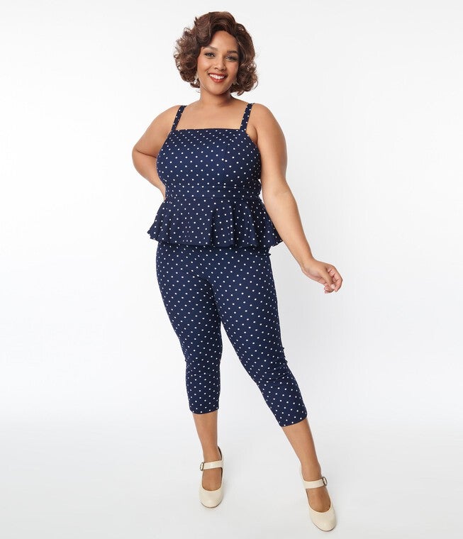 Unique Vintage Navy & White Dot Peplum Jumpsuit, Blue Polka Dot / Navy, alternate image number 1