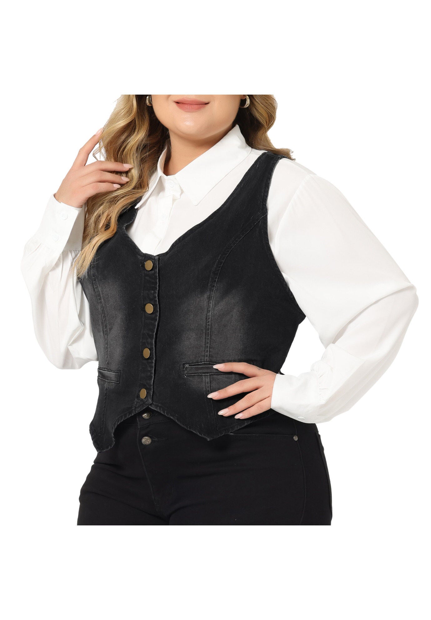 BUTTON DOWN SLEEVELESS JEAN WAISTCOAT VEST, Black / Black, alternate image number 1