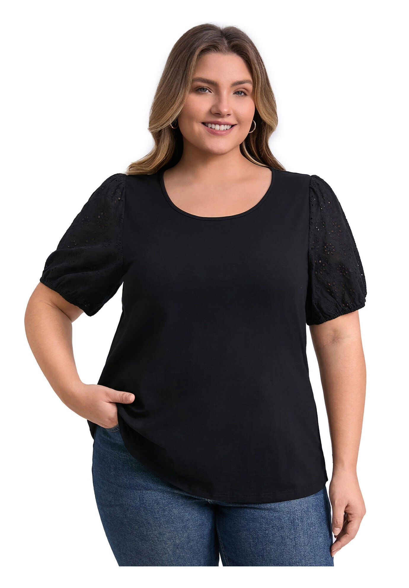 Round Neck Embroidered Panel Hollow Puff Short Sleeve Blouse, Black / Black, hi-res image number 0