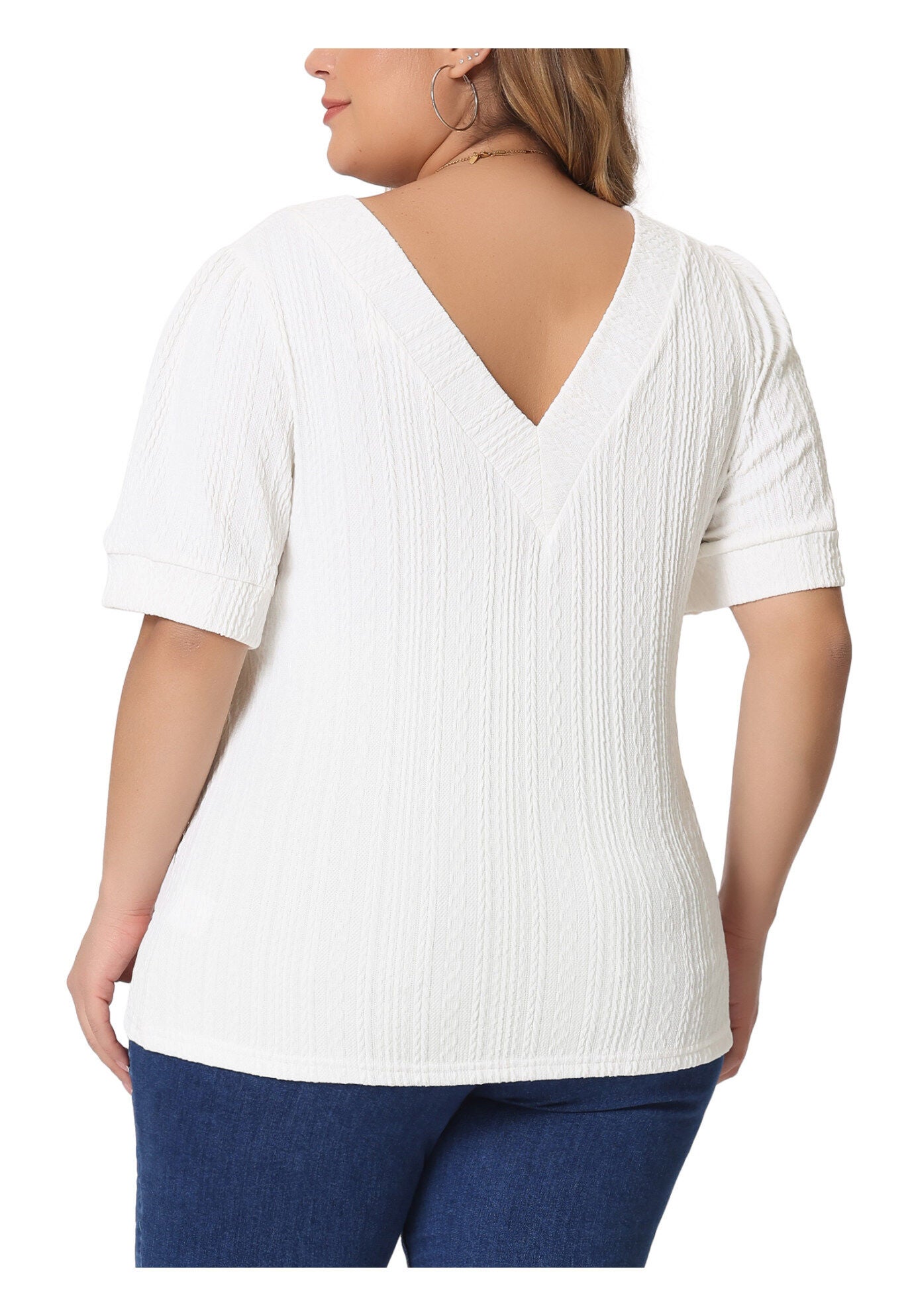 DEEP V NECK SHORT SLEEVE T-SHIRT CASUAL TOP, White / White, alternate image number 3