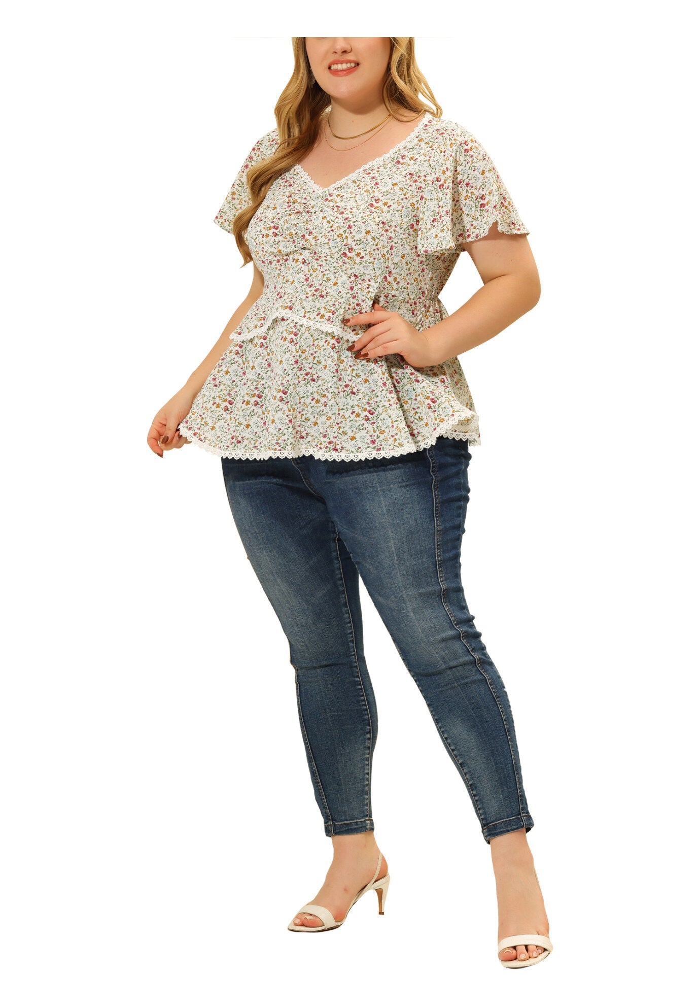 Floral Babydoll Sweetheart Ruffle Short Sleeve Top Tiered Blouse, White / White, alternate image number 1