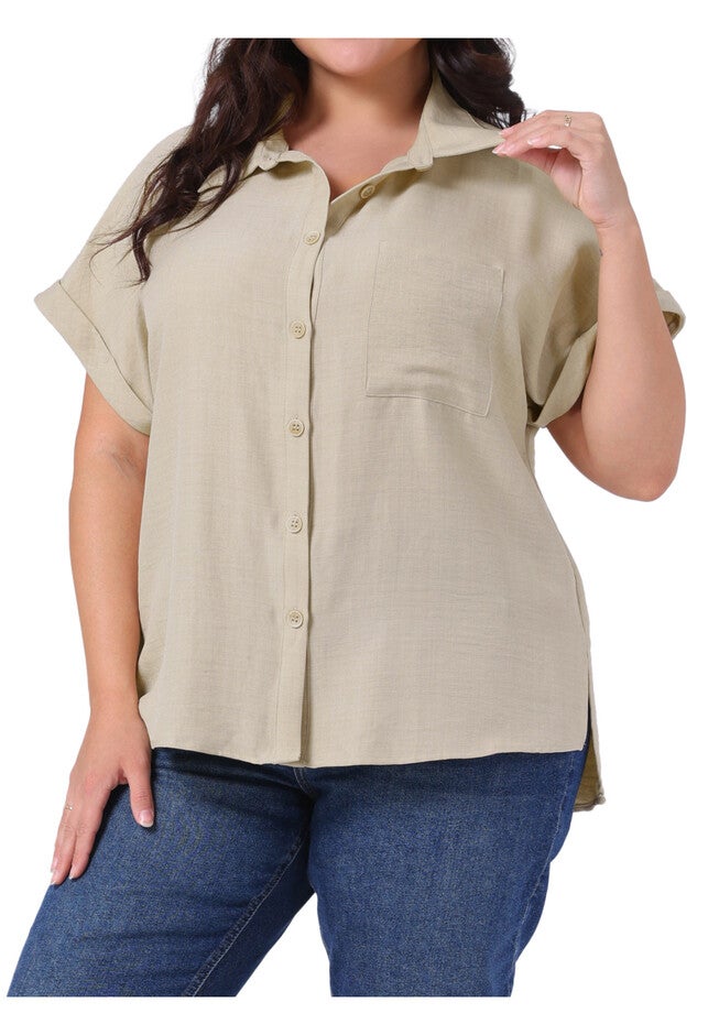 Button Down Short Sleeve Collared Top with Chest Pocket, Beige / Beige, alternate image number 3