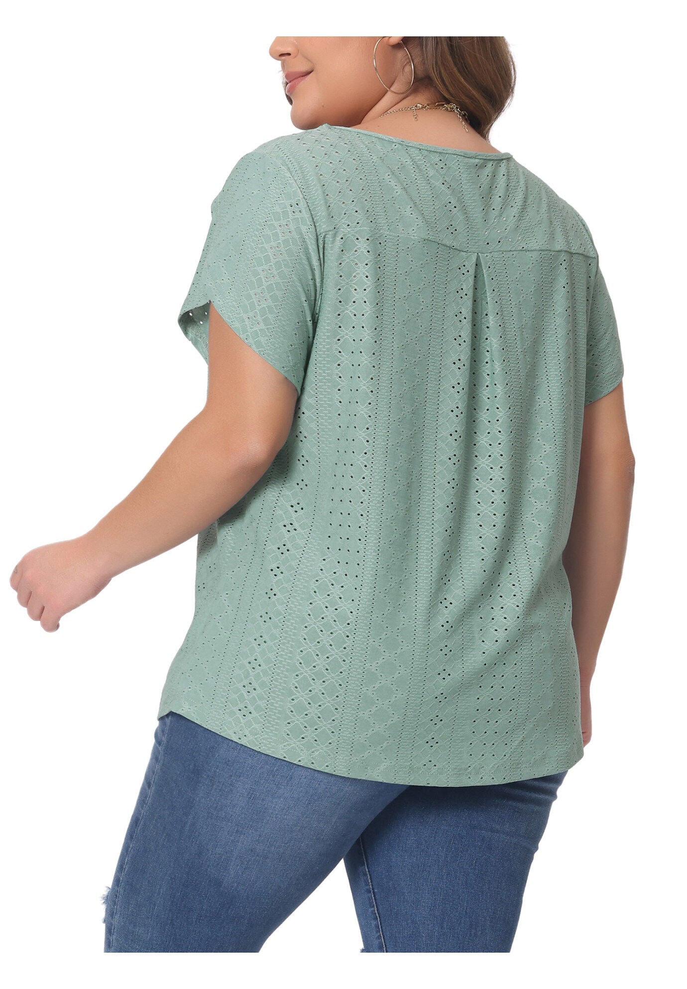 Petal Sleeve Pleated Front Key Hole Round Neck Loose Top, Green / Light Green, hi-res image number 0