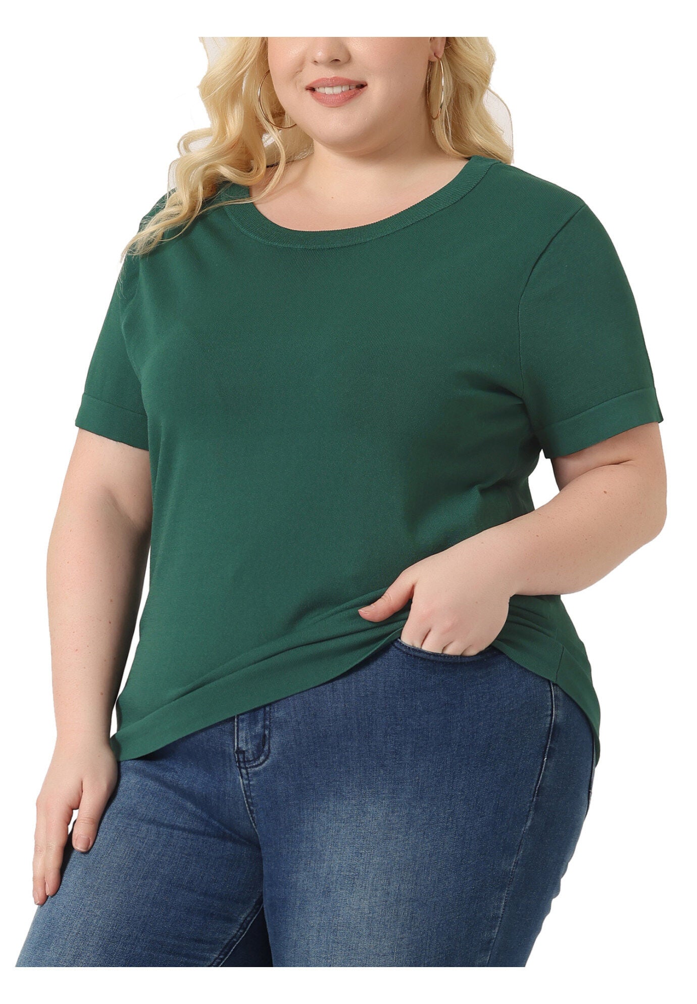 Short Sleeves Pullover Sweater Top, Green / Hunter Green, alternate image number 2