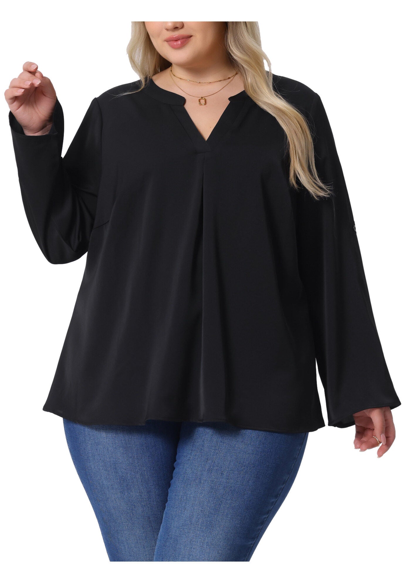 V Neck Rolled Up Sleeves Pleated Back Shirt Chiffon Top, Black / Black, alternate image number 1